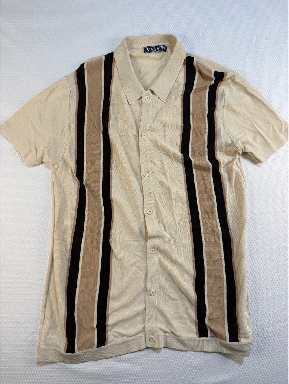 PJ Paul Jones Men’s L Striped Knit Polo Shirt Button Front Retro 70s Mod - Picture 2 of 8